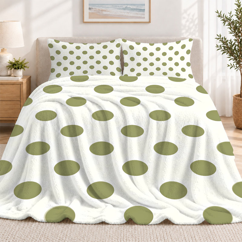 Premium Flannel Lightweight Blanket & 2 Pillow Shams Set with Olive Green Polka Dots on Cream Minimalist Ground, Ultra-Soft & Warm Cozy Bedding Set for All-Season, 60" x 80" Blanket + 2 Pillowcases Anti-Pilling & Machine Washable(Set of 3)