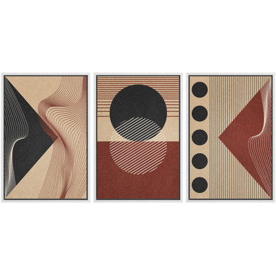 " Geometric Art Deco Black Red Polygon Collage Nature Abstract Modern Art Boho Decor " 3 - Pieces