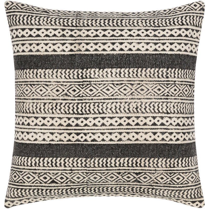 Oreiller carré en coton Zetta, Beige/noir, Housse de coussin seulement - sans coussin, 22 po x 22 po
