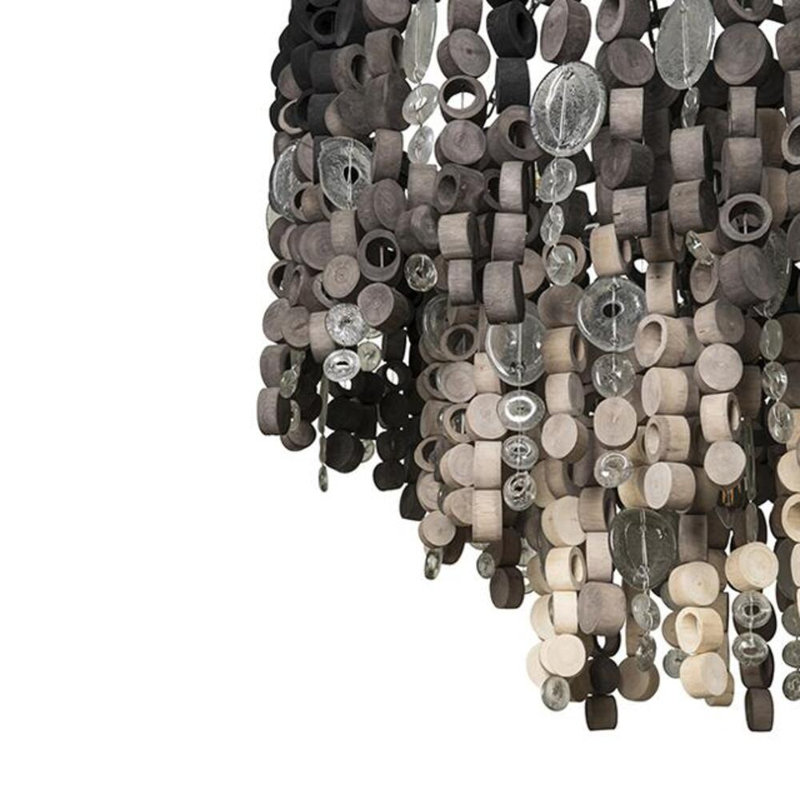Round Wood Disk Chandelier w/ Recycled Glass Disks, Natural;Stained Charcoal