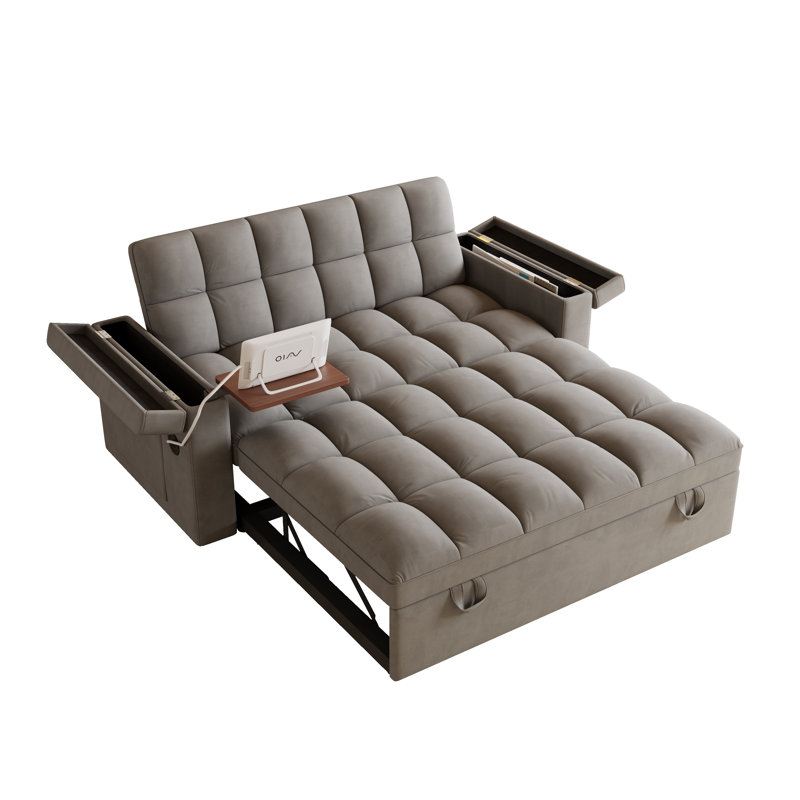 Canapé-lit convertible en velours de 65 pouces avec station de charge USB et accoudoirs de rangement - Canapé-lit moderne pliable 3-en-1 pour les petits espaces