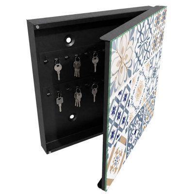 Wall mounted key box, Opens to the right, 30x30x5, Black, Geometric tile patterns in colors and classics, 