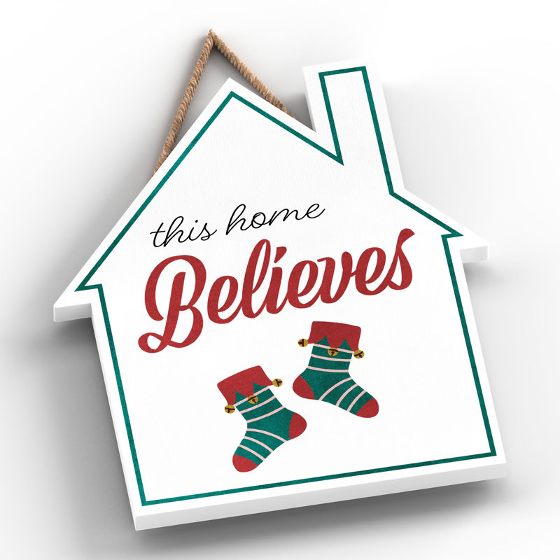 Xmas This Home Believes Wooden House Plaque, 18.5cm H x 16cm W x 0.9cm D