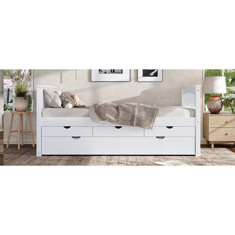 Lit plateforme simple avec tiroirs et lit gigogne, Blanc cassé