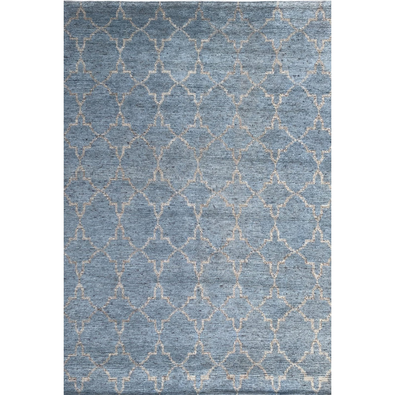 Blue Hand-Knotted Wool Lattice Diamond Geometric Modern Contemporary Carpet Rug, 9' x 12'