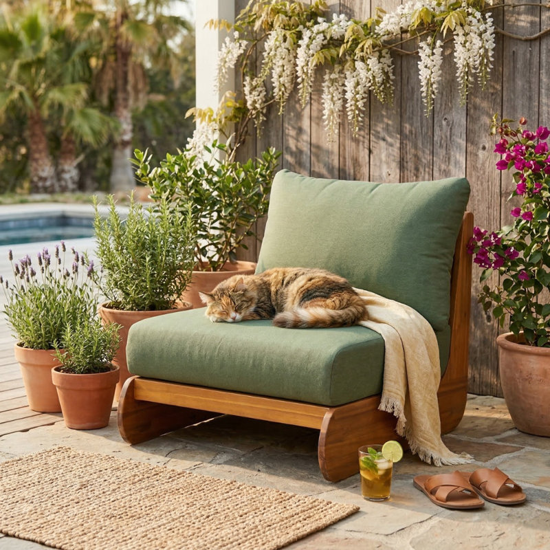 Bukovka Patio Acacia Wood Lounge Chair With Removable Cushions, Green