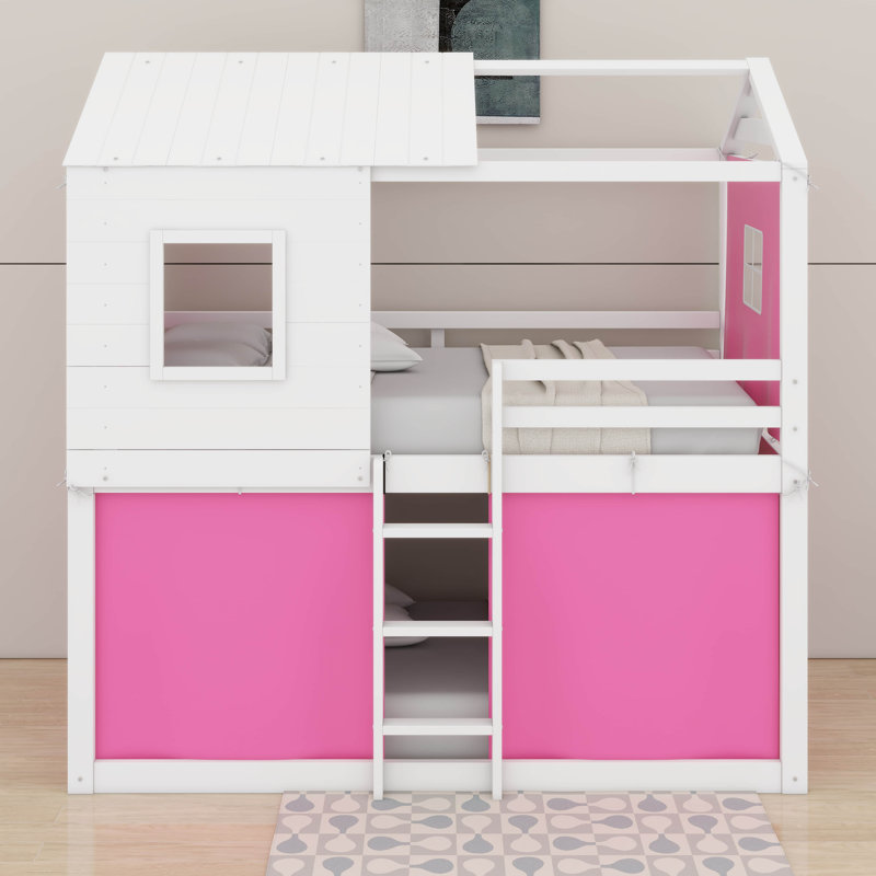 Lit double superposé en bois avec tente, Double, Rose / blanc
