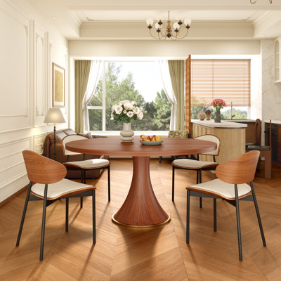 Table ronde en bois massif de style Mid-Century moderne avec ensemble de chaises de salle à manger rembourrées en cuir 2/4/6