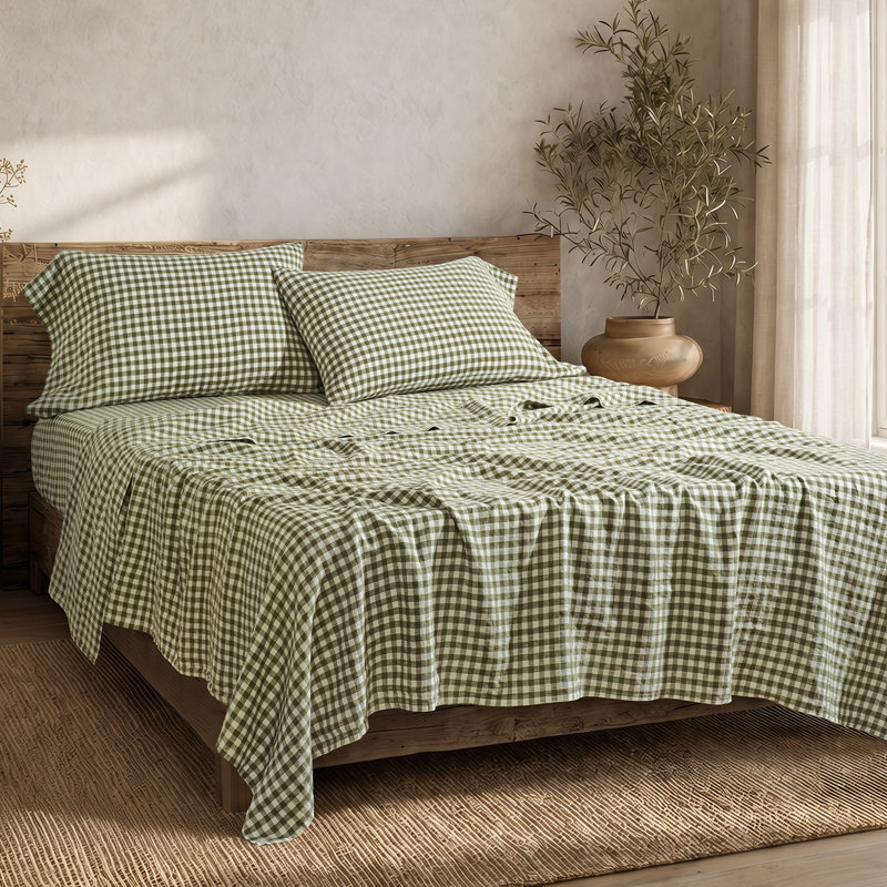 EverGrace 100% European Flax Linen Sheet Set, Full, Olive Green Gingham