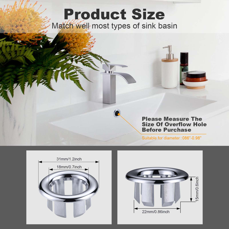 2 Pack Sink Overflow Ring Bathroom Kitchen Sink Basin Trim Overflow Cover Hole Insert Cap, Chrome