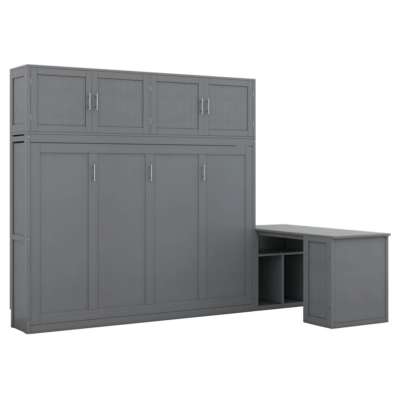 Queen Size Murphy Bed With Desk And Shelves, Modern Wall Bed With Big Cabinets, Gray