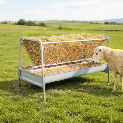 Livestock Hay Feeder, 2 in 1 Grain & Hay Feeder, 80-Gallon Capacity, 57.9" Long Goat Pasture Feeding with Deeper Feeding Pan, Heavy Duty Steel Grain Holder for Sheep Sheds, Farms, Horse Barns