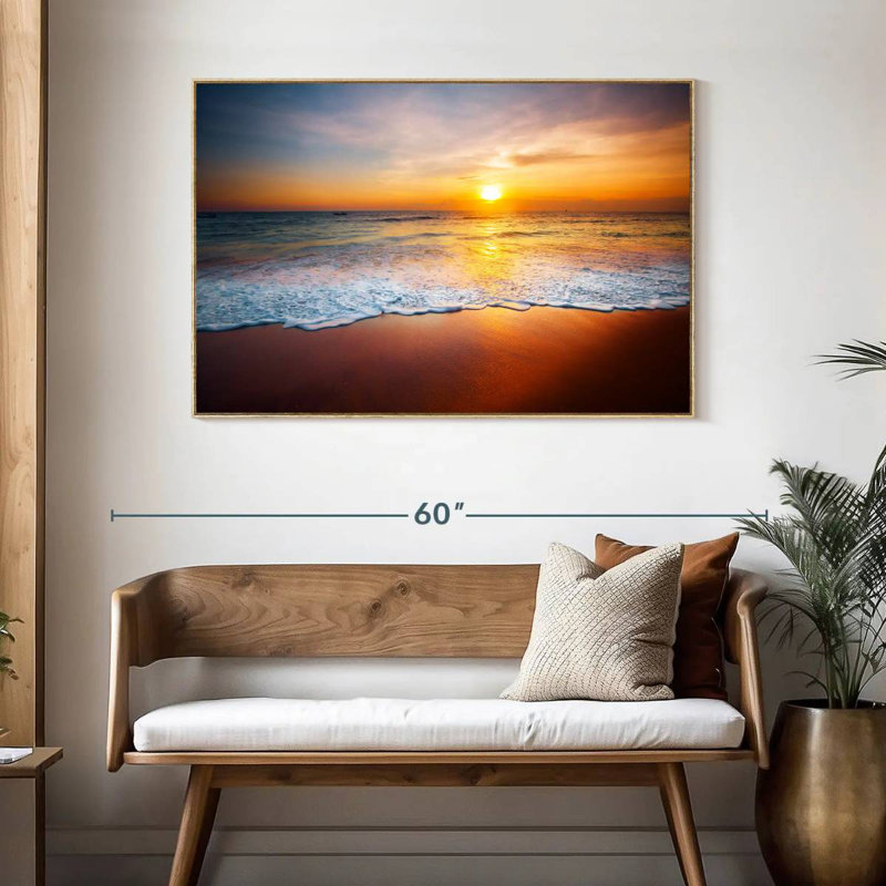 Coucher de soleil sur les vagues mousseuses, Cadre flottant en bois naturel, 46 po x 31 po