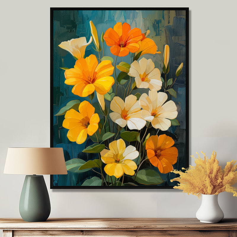 Jaune, blanc, jardin vibrant, Morning Glory - Morning Glory, art mural, H 24 po x l 32 po, Cadre flottant noir