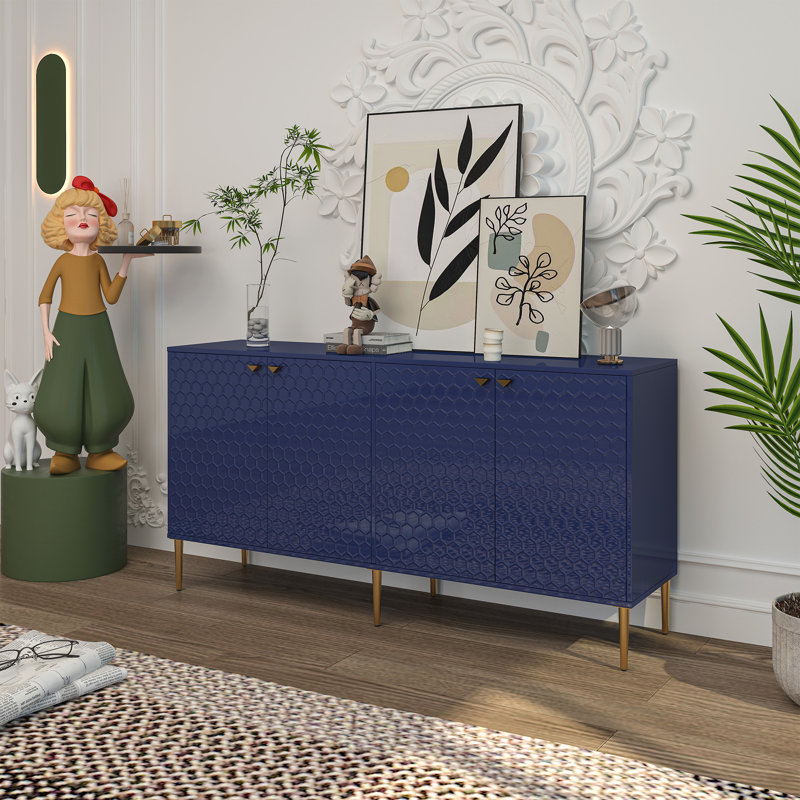 Kuo 64" Wide Sideboard With 4 Door High Gloss Cabinets, Blue/Gold