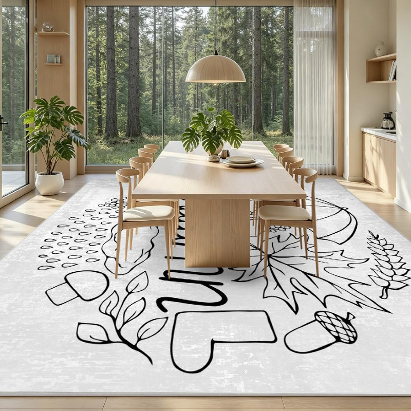 Tapis intérieur orange lavable à la machine, motif esquisse d'automne à lignes blanches, Rectangle 71" x 98"
