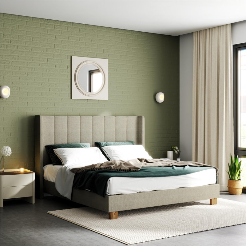 Base de lit plateforme à oreilles Mickenzi avec tête de lit capitonnée, Très grand