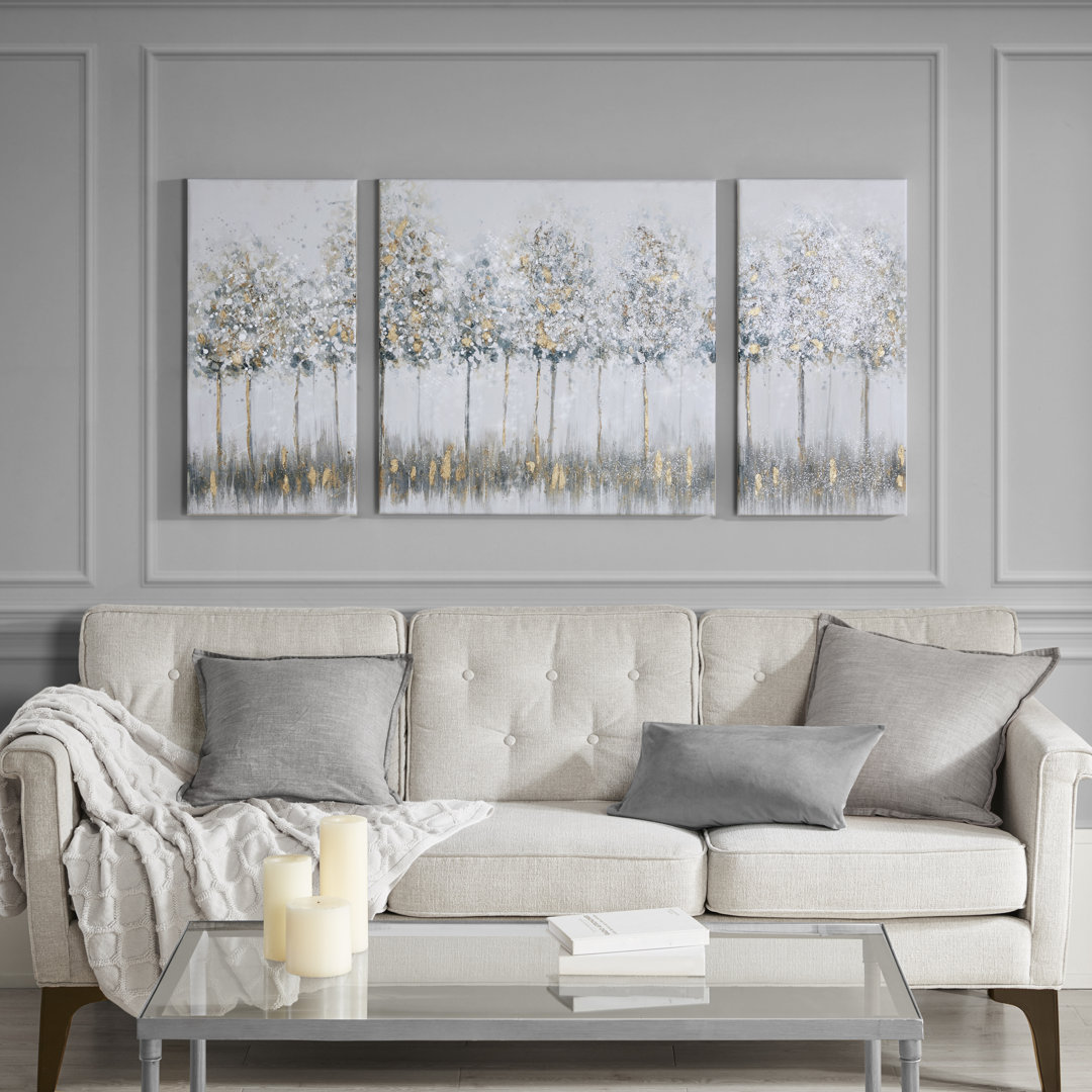 Blue Midst Forest Gold Foil Triptych 3-piece Canvas Wall Art Set Red Barrel Studio®