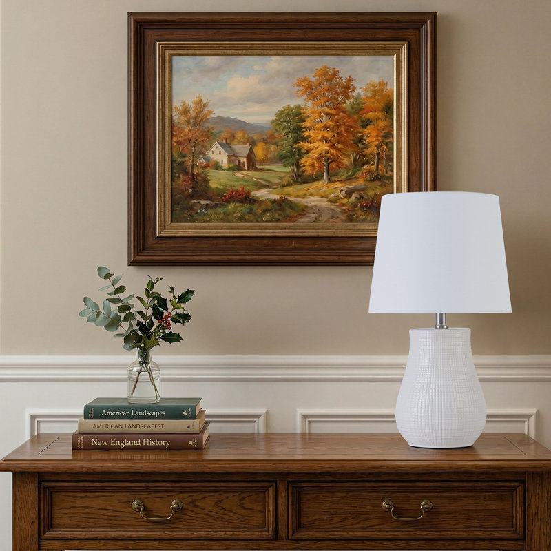 Lampe de table 19,25 po contemporaine en céramique blanche avec base texturée et abat-jour en lin, Blanc