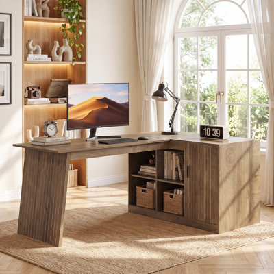 66'' L-Shaped Executive Desk with Open & Closed Storage, Rustic Farmhouse Home Office Computer Desk