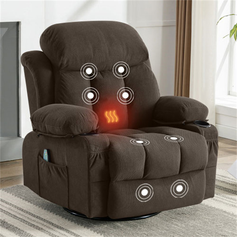 Swinging Recliner Massage Heated Sofa, w'USB And 2 Cup Holders In Side Pockets, Brown
