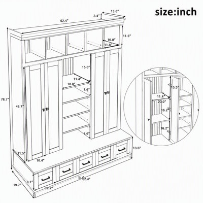 Modern Hall Tree with 5 Drawers & Adjustable Shelves, Storage Bench