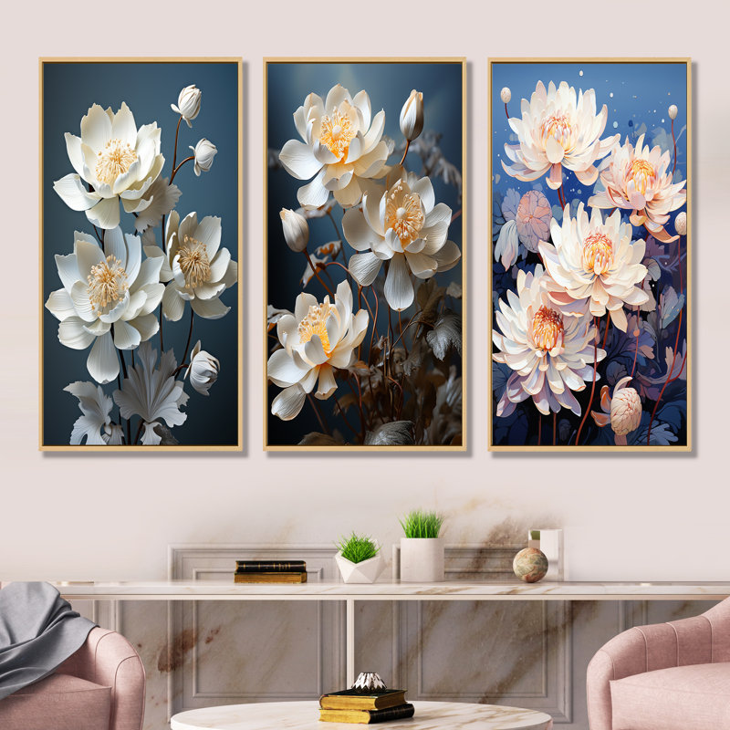 Lotus Bliss Unveilé - lot de 3 impressions sur toile de lotus, Cadre flottant brun, H 28 po x l 36 po
