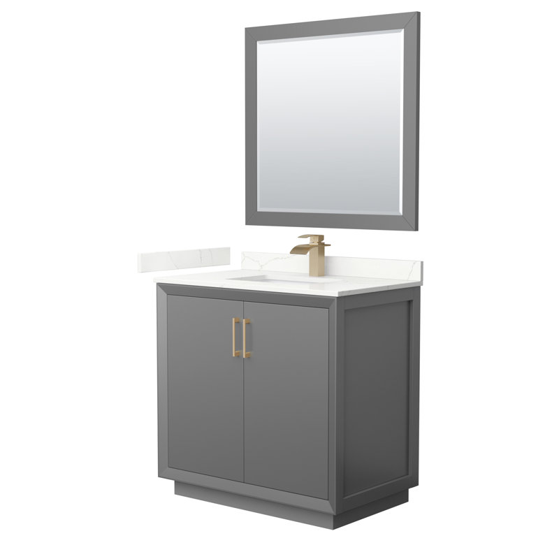 Meuble-lavabo sur pied simple 36 po avec plateau en quartz Strada, Gris foncé, Quartz Giotto, Nickel brossé