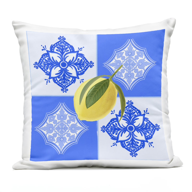 Coussin d'extérieur imprimé citron et carreaux géométriques par Ashley Singleton