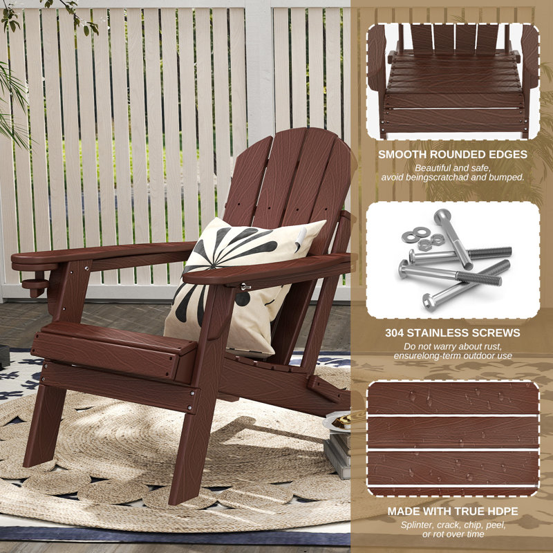 HDPE Folding Outdoor Adirondack Chair With Cup Holder (Set Of 2), Brownwood