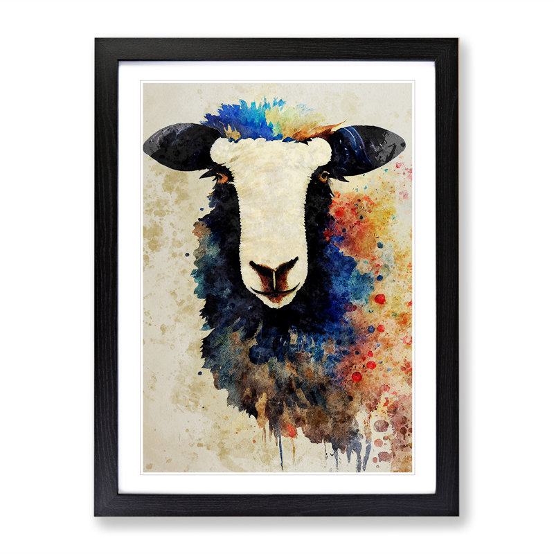 Sheep No.5 - Single Picture Frame Painting, Black, 64cm H x 46cm W x 2cm D
