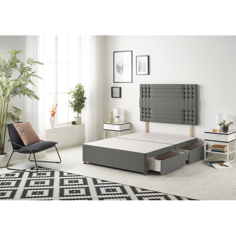 Dennishia Divan Bed Base with Headboard and Optional Drawers Linen Fabric, Small Double (4'), Grey, 4 Drawers