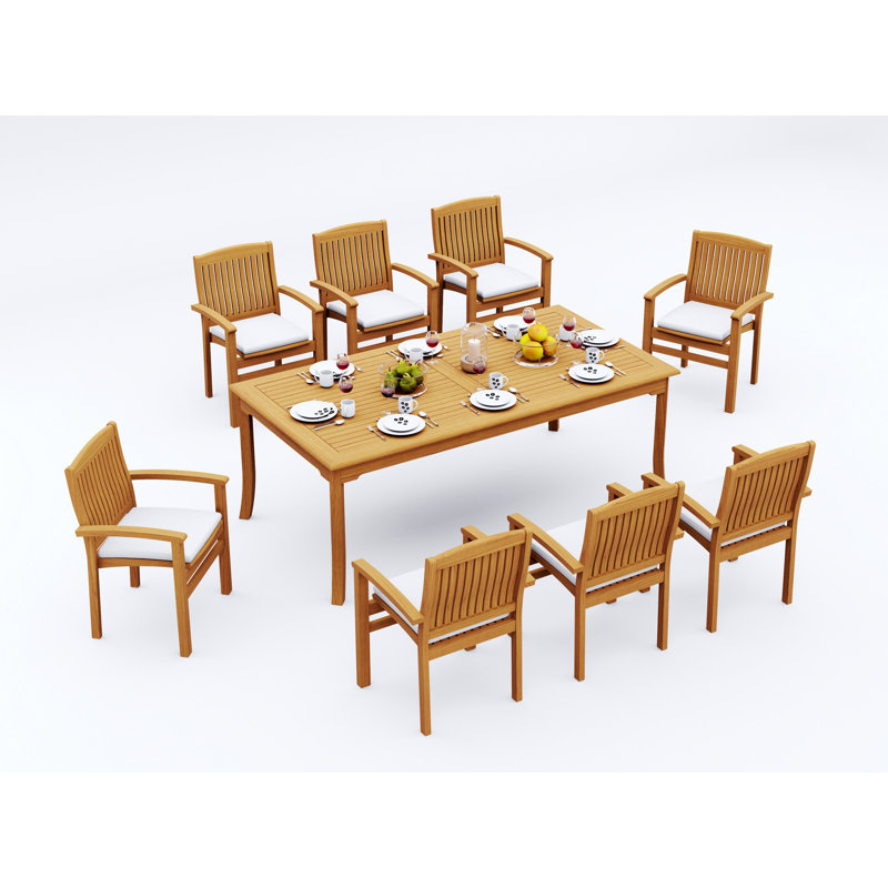 Wave Teak Wood Patio Dining Set with, 30" H x 83" W x 40" D, 8