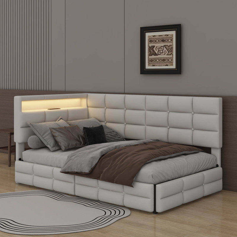 Lit de jour rembourré simple avec 2 tiroirs, lumières DEL et station de charge, Beige