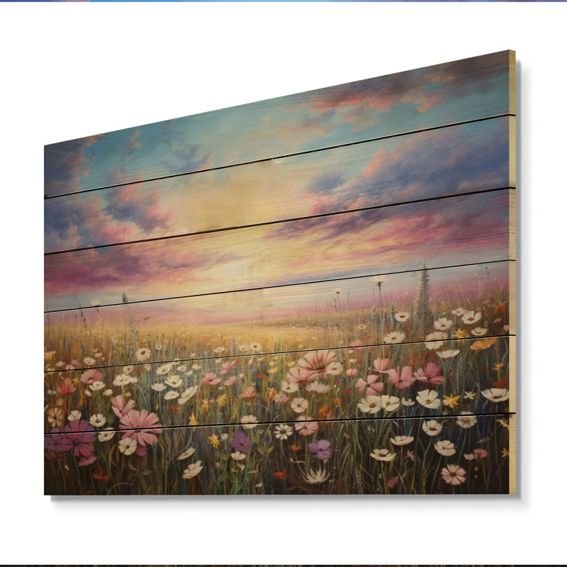 Fleurs de rose blanches et champs de sérénité sur bois, H 30 po x l 40 po x P 0,78 po