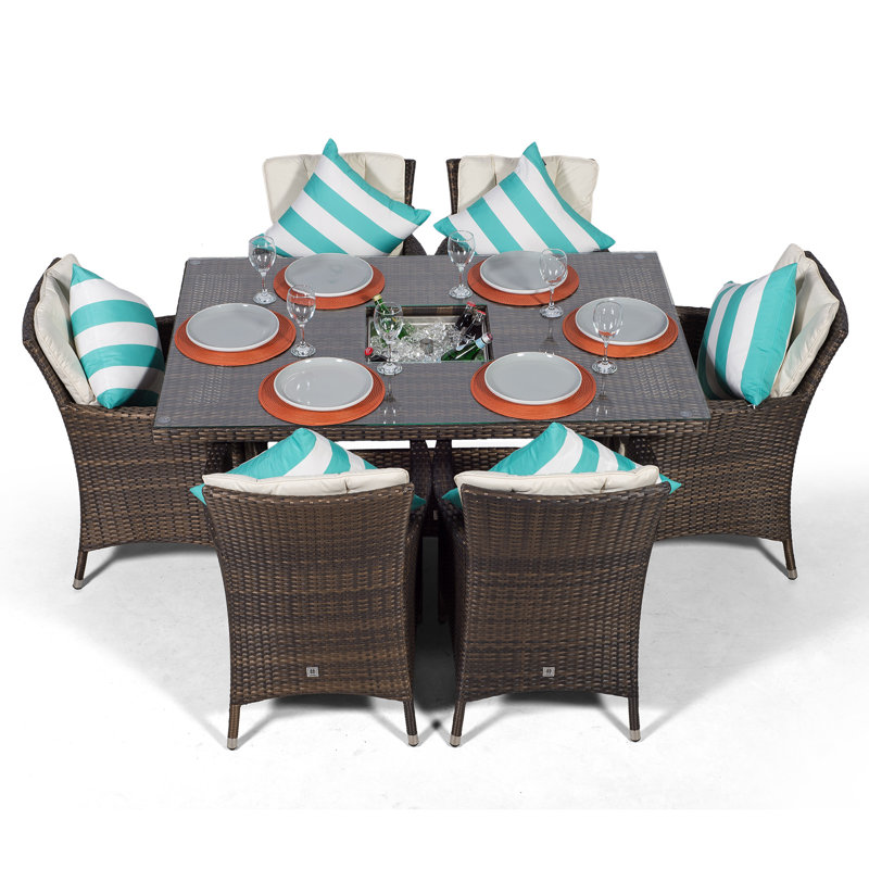 Karcher 6 - Person Wicker Patio Dining Set with Rectangular Table , Cushions Included, Brown