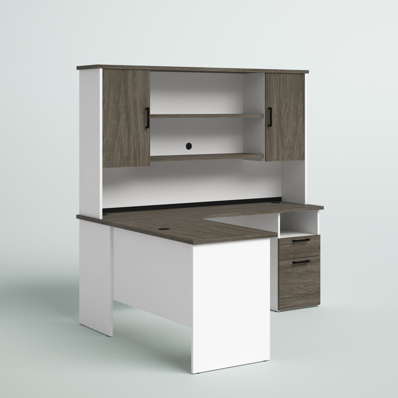 Ocke L-Shaped Executive Desk with Power Outlet, Walnut Gray/White