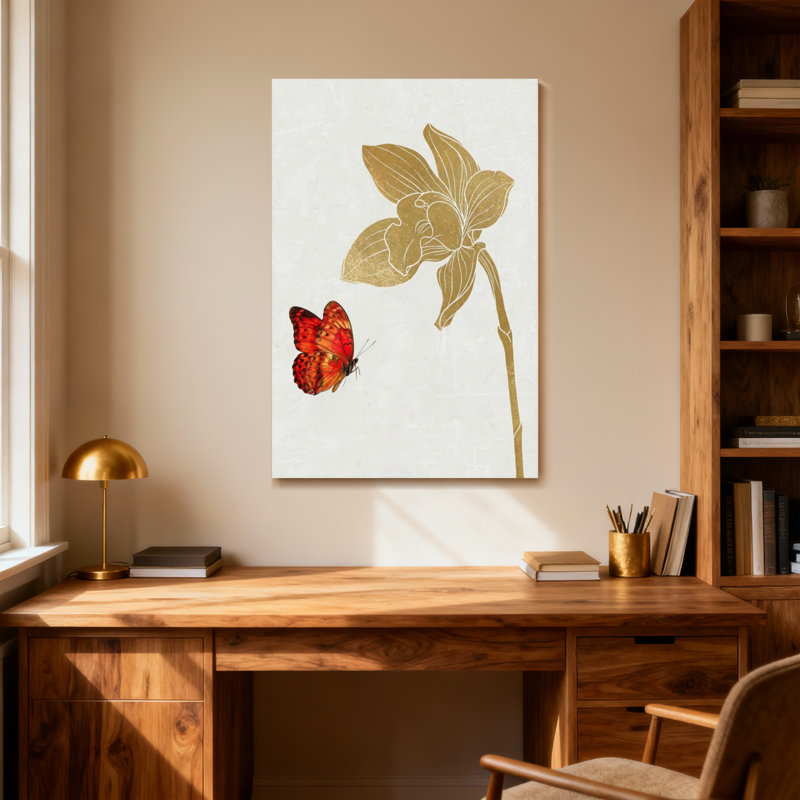 Plantes et fleurs orchidée dorée et papillon rouge, H 18 po x l 12 po