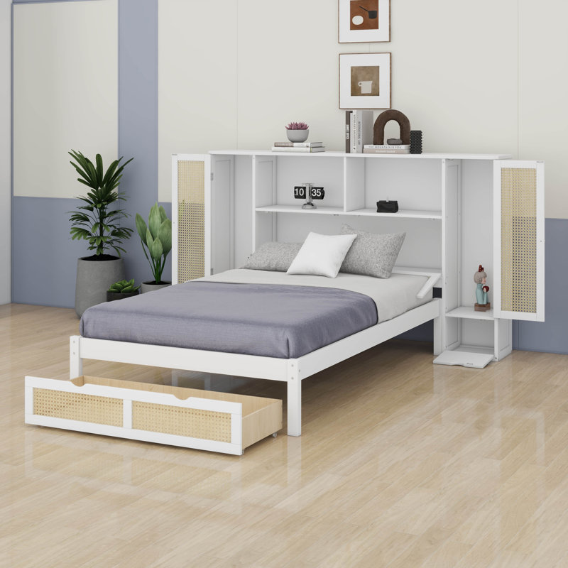 Lit plateforme simple avec 2 casiers de rangement, lit simple en bois avec tiroir et tablette de rangement sur la tête de lit, lit plateforme multifonctionnel avec rotin naturel
