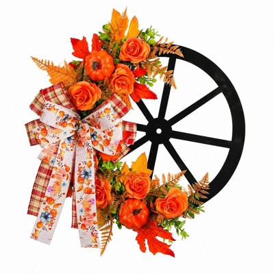 Fall Wreaths for Front Door 11.8 Inch Black Wagon Wheel Autumn Wreath with Orange Roses, Mini Pumpkins, Maple Leaves and Printed Plaid Ribbon Bow, Rustic Farmhouse Harvest Door Wreath for Outdoor or Indoor Use, Thanksgiving Wall Hanging Decor