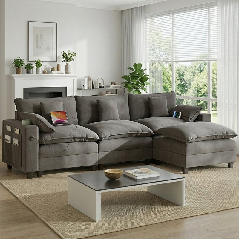 Sectional Couches for Living Room,116" L‑Shaped Modular Sectional with Ottoman, Cup Holders & USB Ports- Chenille Cloud Couch, 4-Seat Deep Seat Sofa for Apartment, Gray