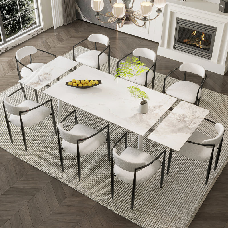 9 - Piece Dining Set with Sintered Stone Dining Table and 8 Fabric Chairs, White, Chanel