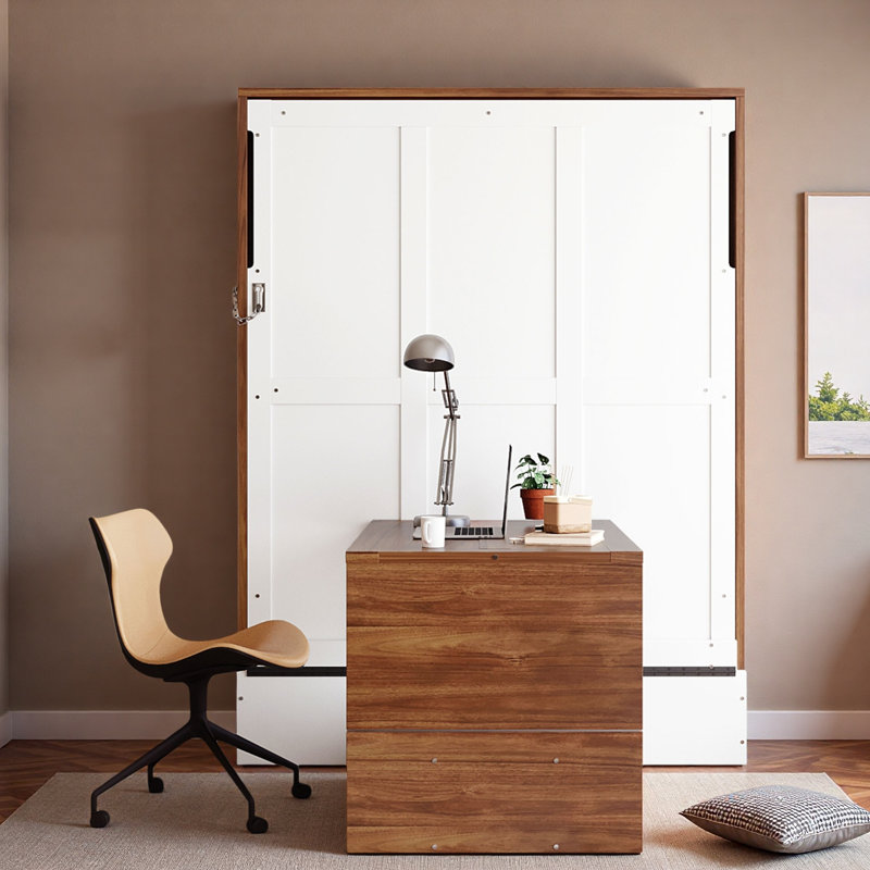 Lit escamotable avec bureau pliable Murphy, Blanc/noyer