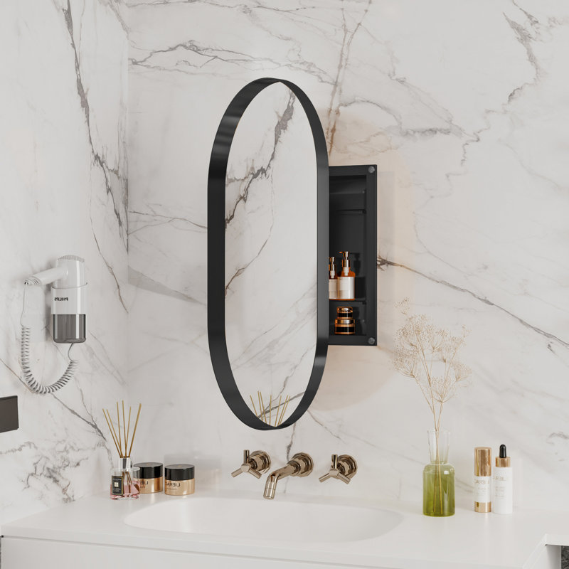 20X34 Inch Oval Recessed Medicine Cabinet, Matte Black