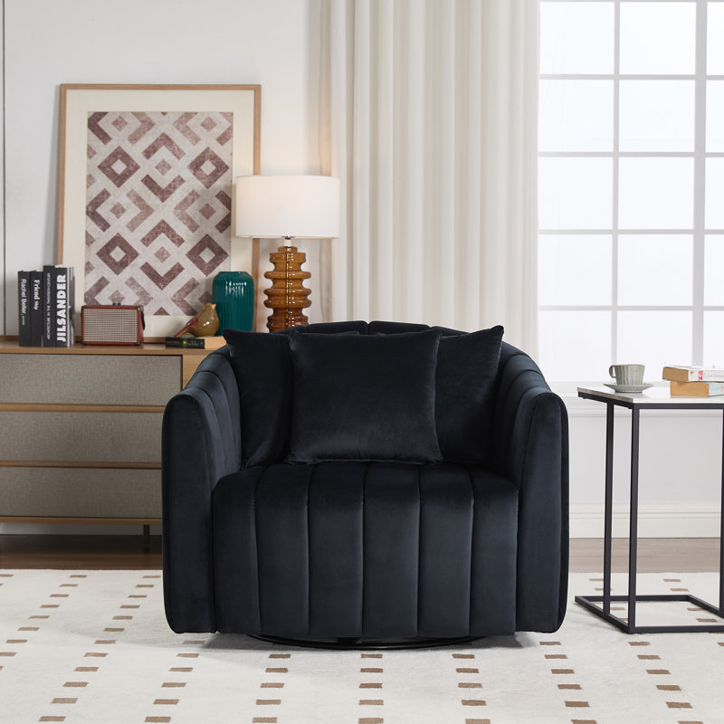 Upholstered Swivel Barrel Armchair, Black Velvet