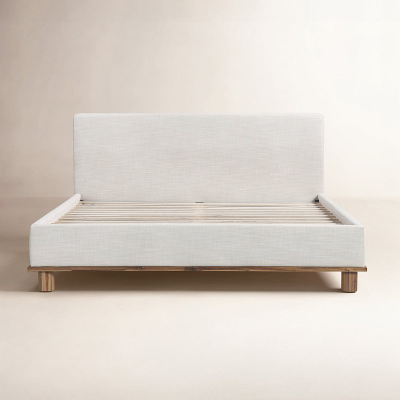 Kya Plaza Mid-Century Upholstered Panel Headboard Design, King, White Linen