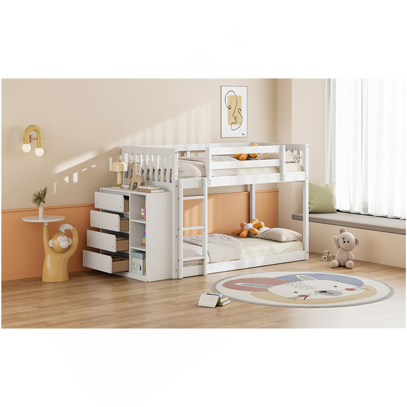 Lit superposé simple au-dessus de simple avec 4 tiroirs et 3 tablettes - blanc, Lit simple, Blanc