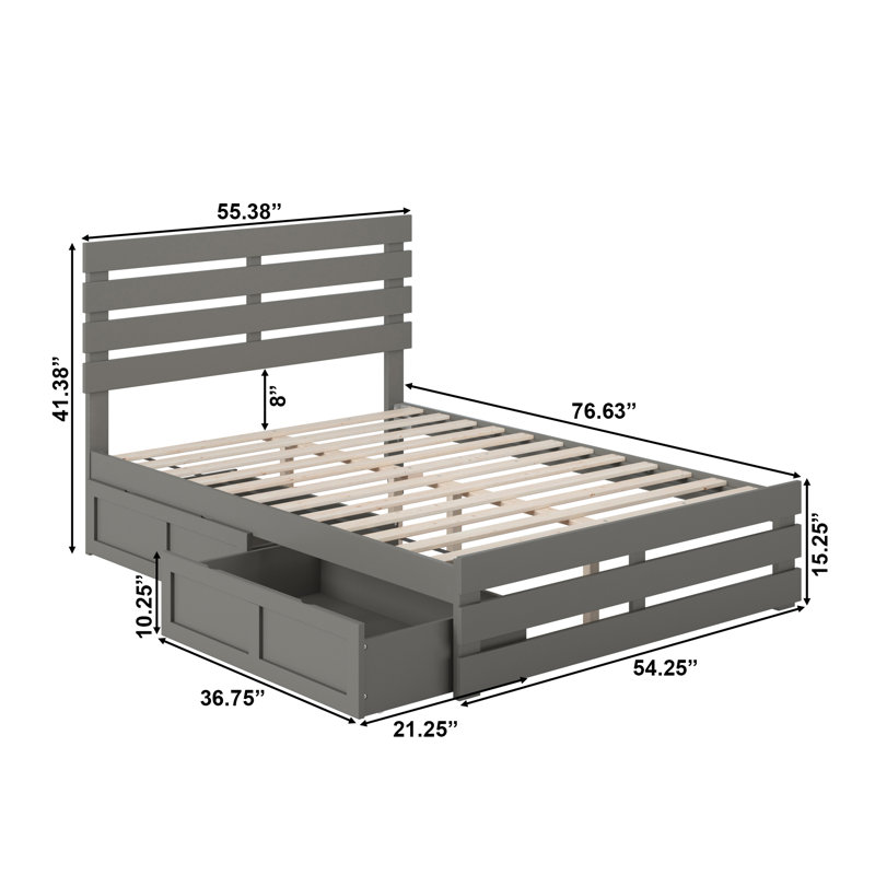 Lit plateforme avec rangement en bois massif Bridport, Gris, Double