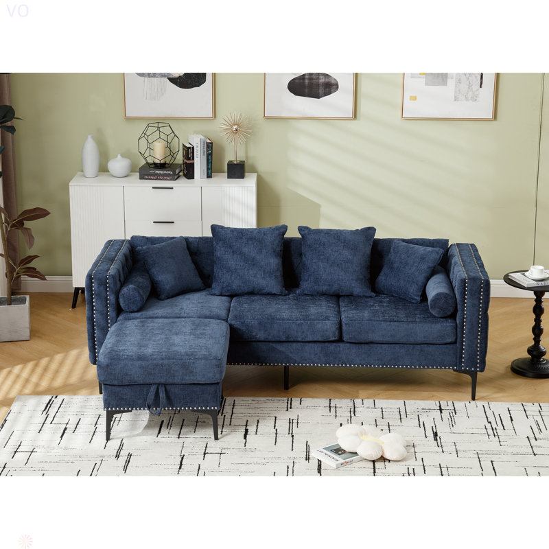 L Shaped Sectional Sofa , Convertible Storage Ottoman,Square Arm, Modern Tufted Couch ,3 Seater, And Nailhead, Blue Polyester