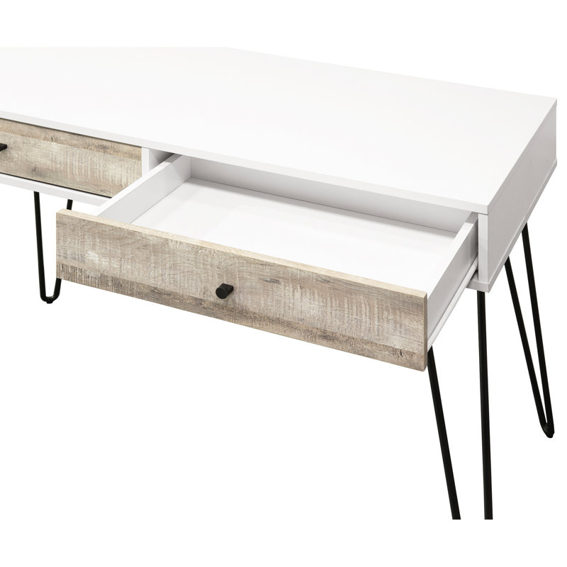 Bureau en chêne taupe avec 2 tiroirs de rangement et décorations en métal